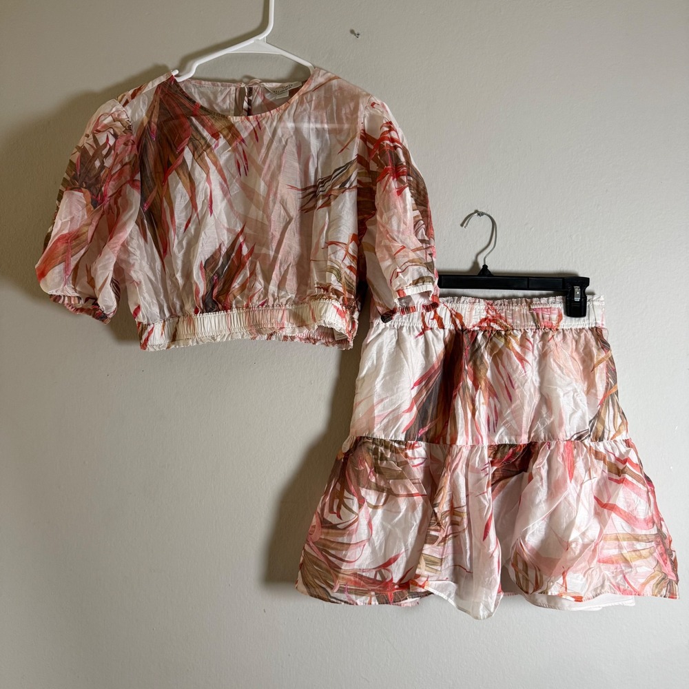 AllSaints Womens Tropical Palm Print Two Piece Set Crop Top Tiered Mini Skirt 8